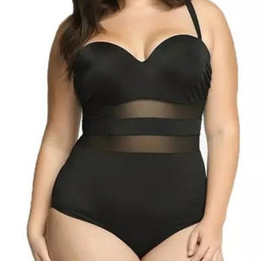 Plus Size Swimsuit - Semi Sheer Mesh Insert